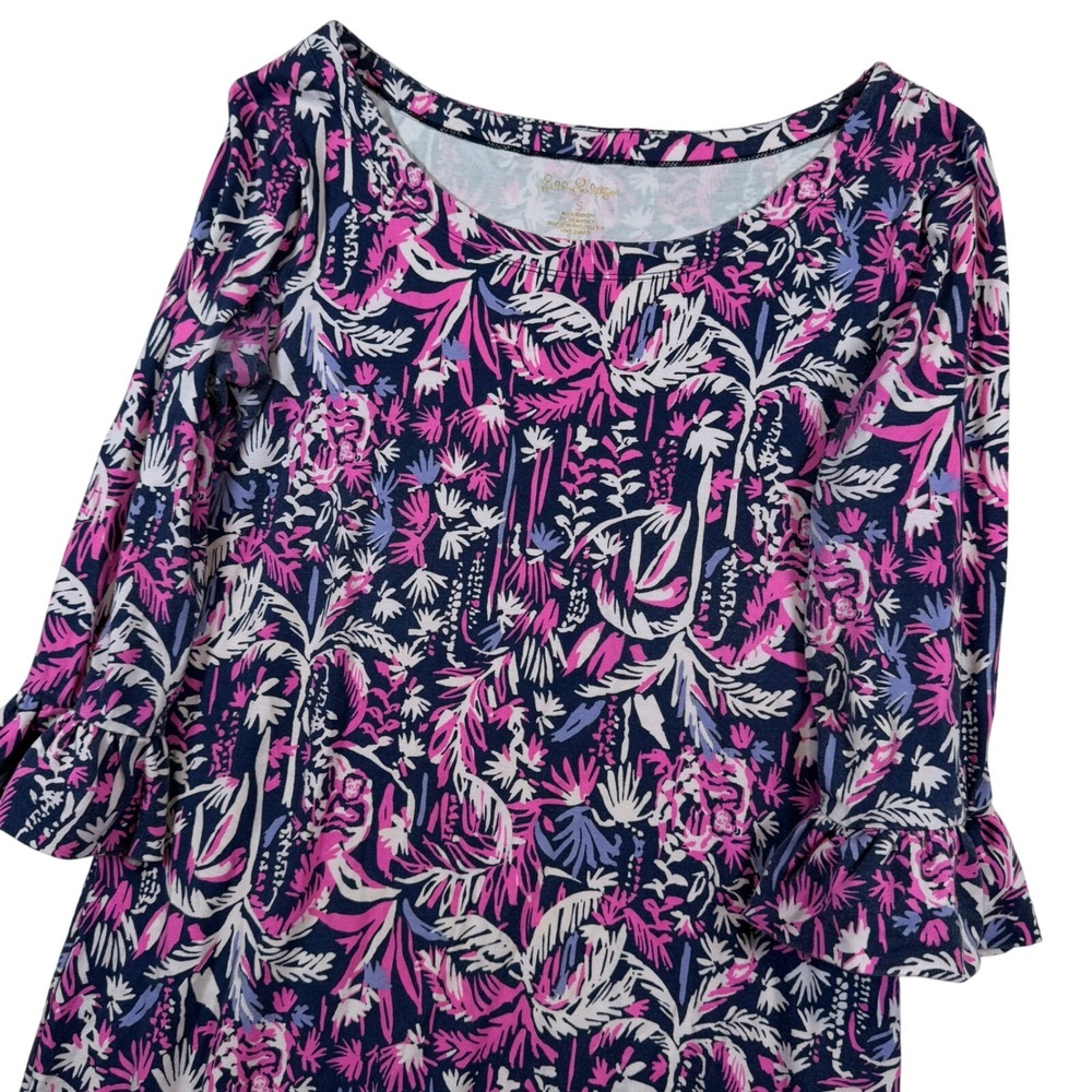 Lilly Pulitzer Floral Dress Rayon Spandex Blend Ruffle Sleeve Stretch Knit Sz Sm